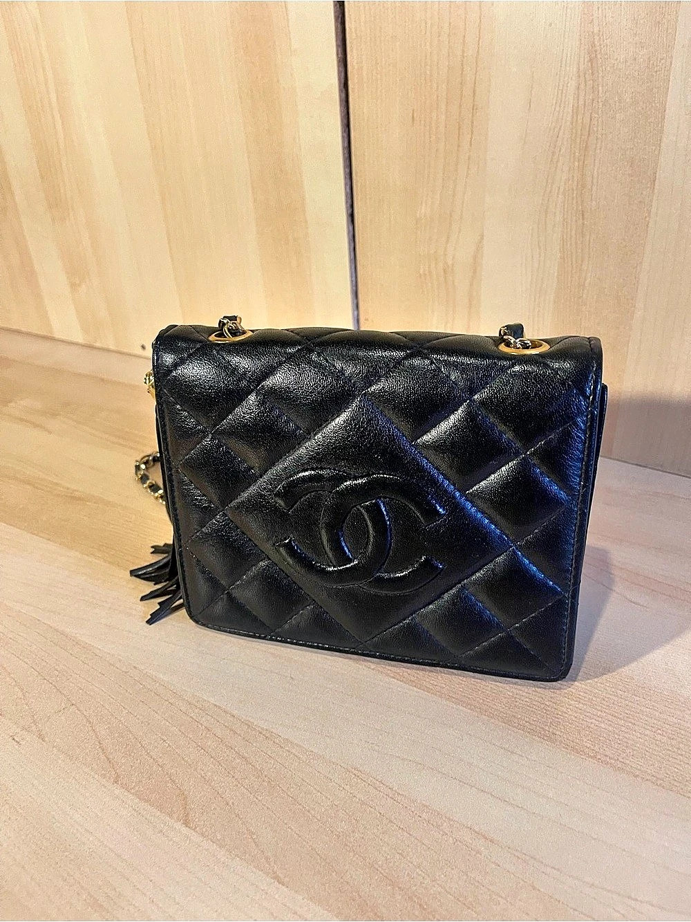Vintage Quilted Lambskin Tassel Camera Bag Black
